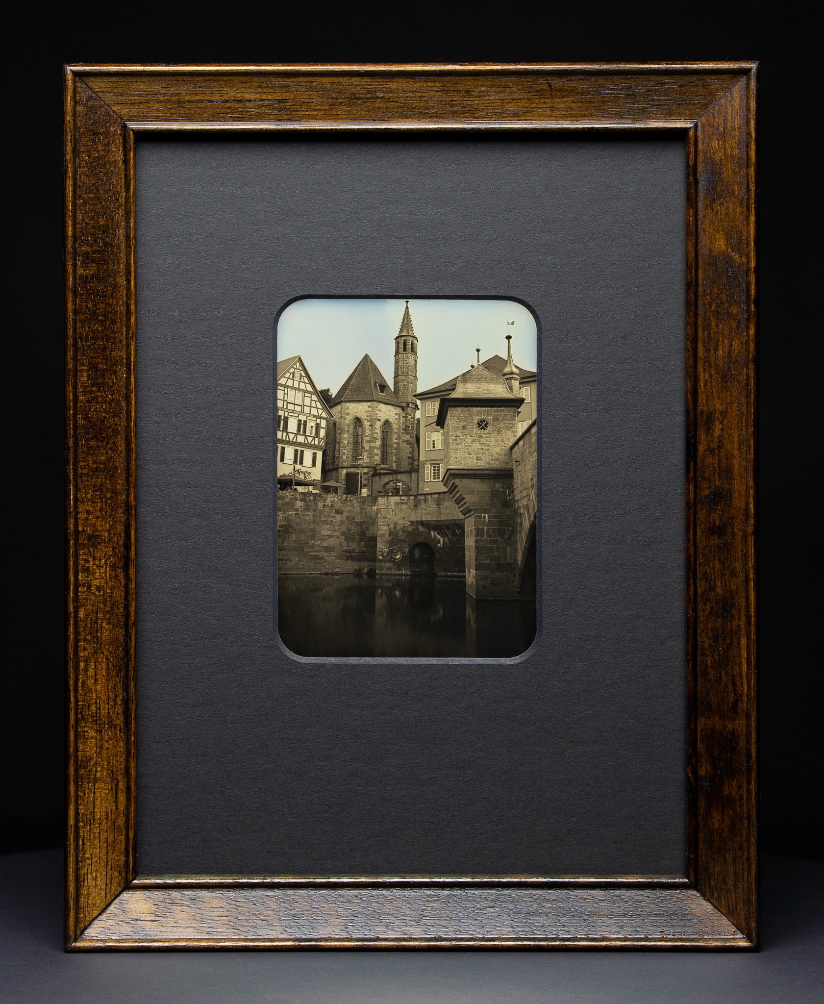 Gerahmte Daguerreotypie: Henkersbrücke am Kocher.