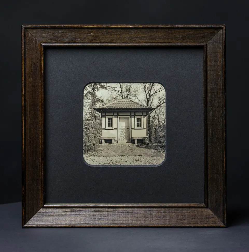 Gerahmte Daguerreotypie: Gartenhaus bei Schloss Kirchberg an der Jagst.