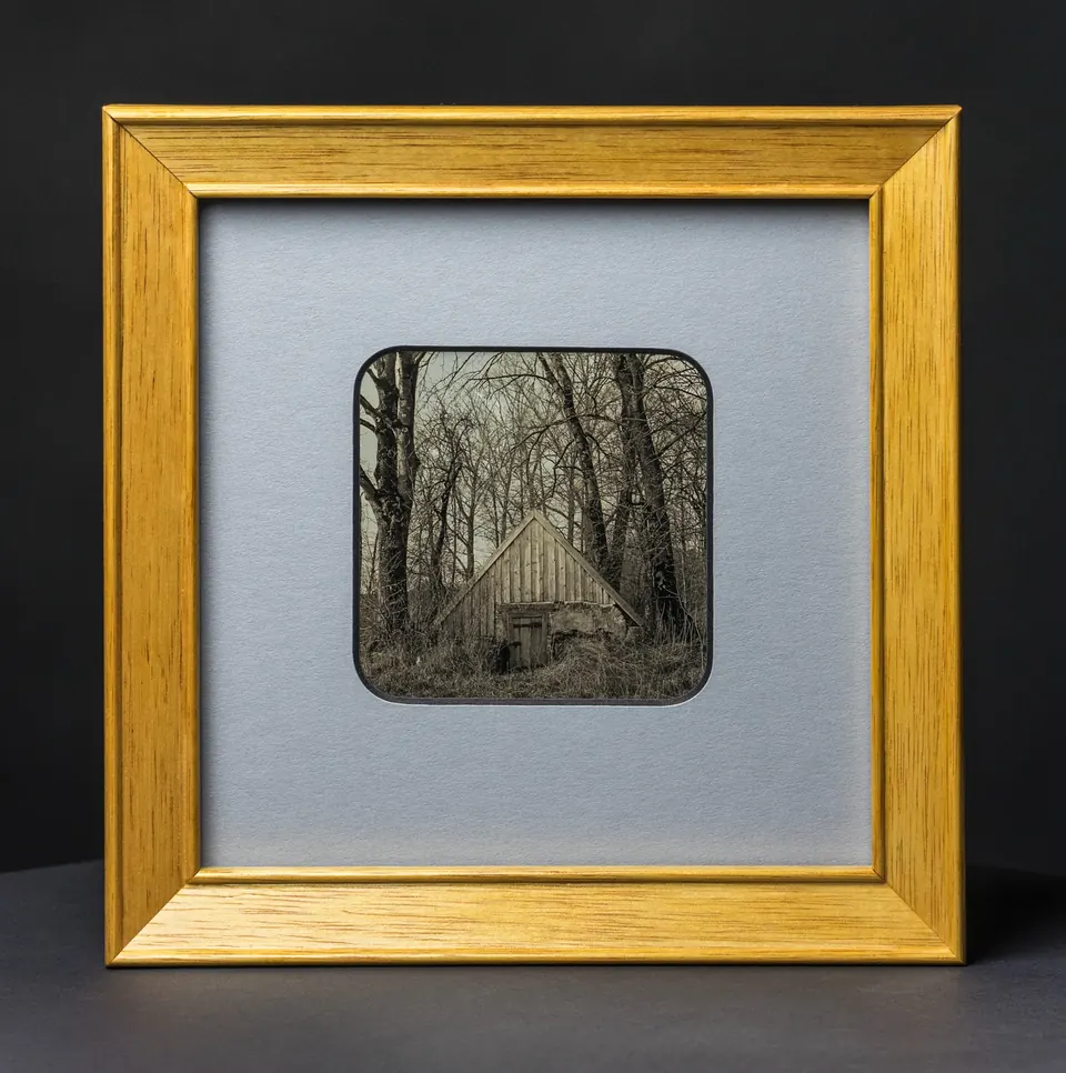 Gerahmte Daguerreotypie: Gartenhaus bei Moosweiher.