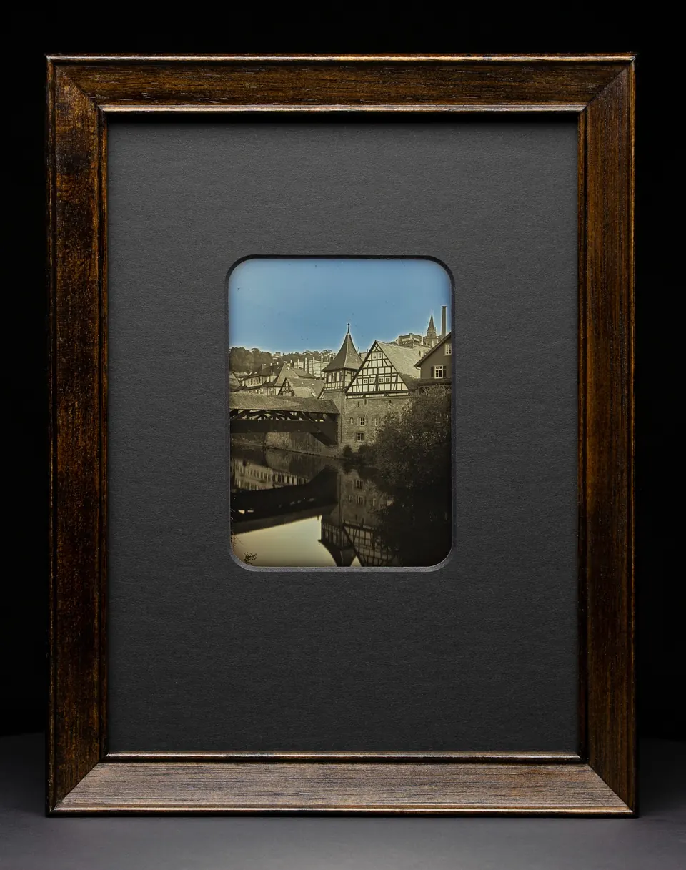 Gerahmte Daguerreotypie: Roter Steg am Kocher.