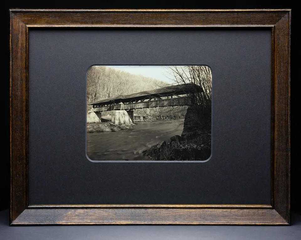Gerahmte Daguerreotypie: Brücke bei der Heinzenmühle.