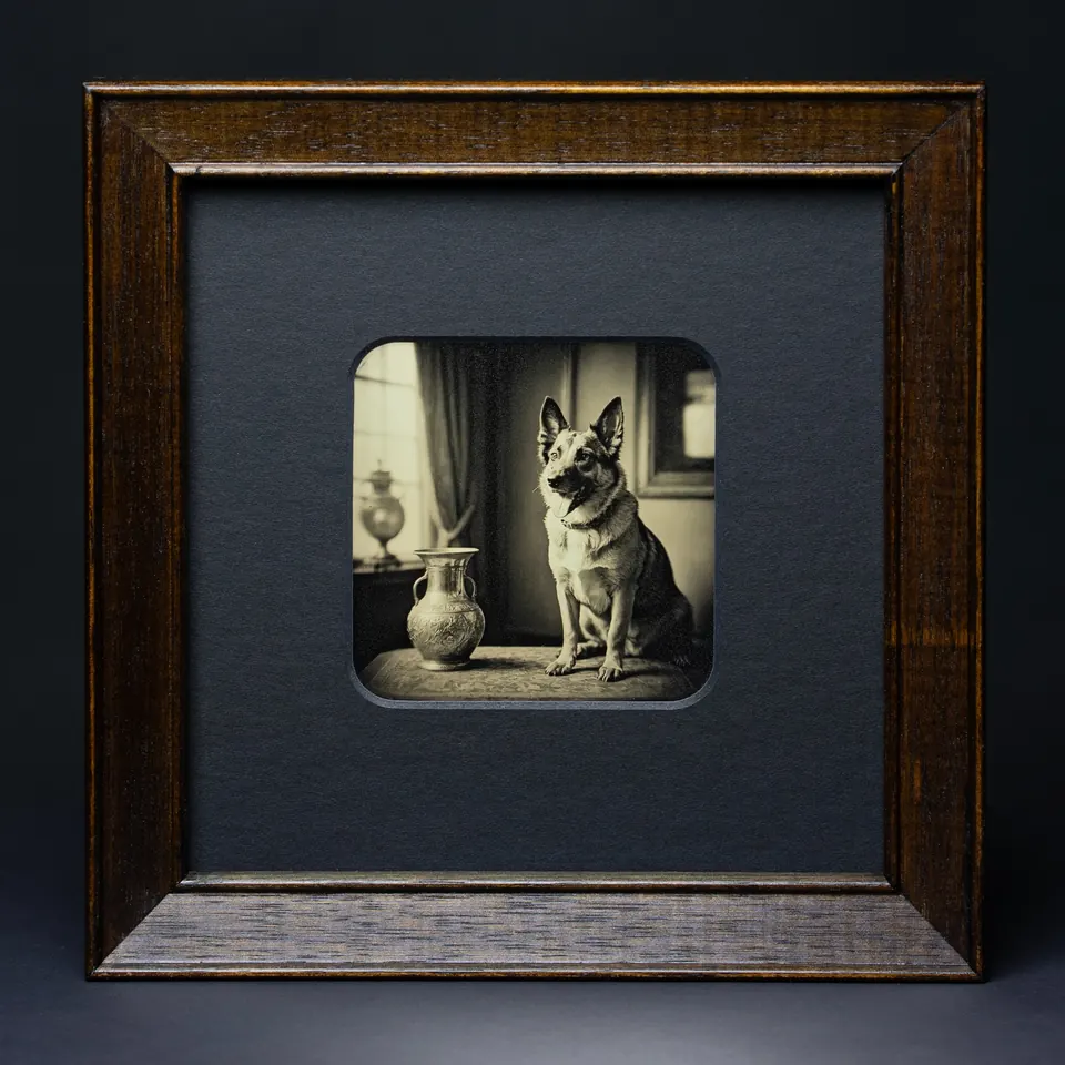 Gerahmte Daguerreotypie: Schäferhund auf dem Tisch.