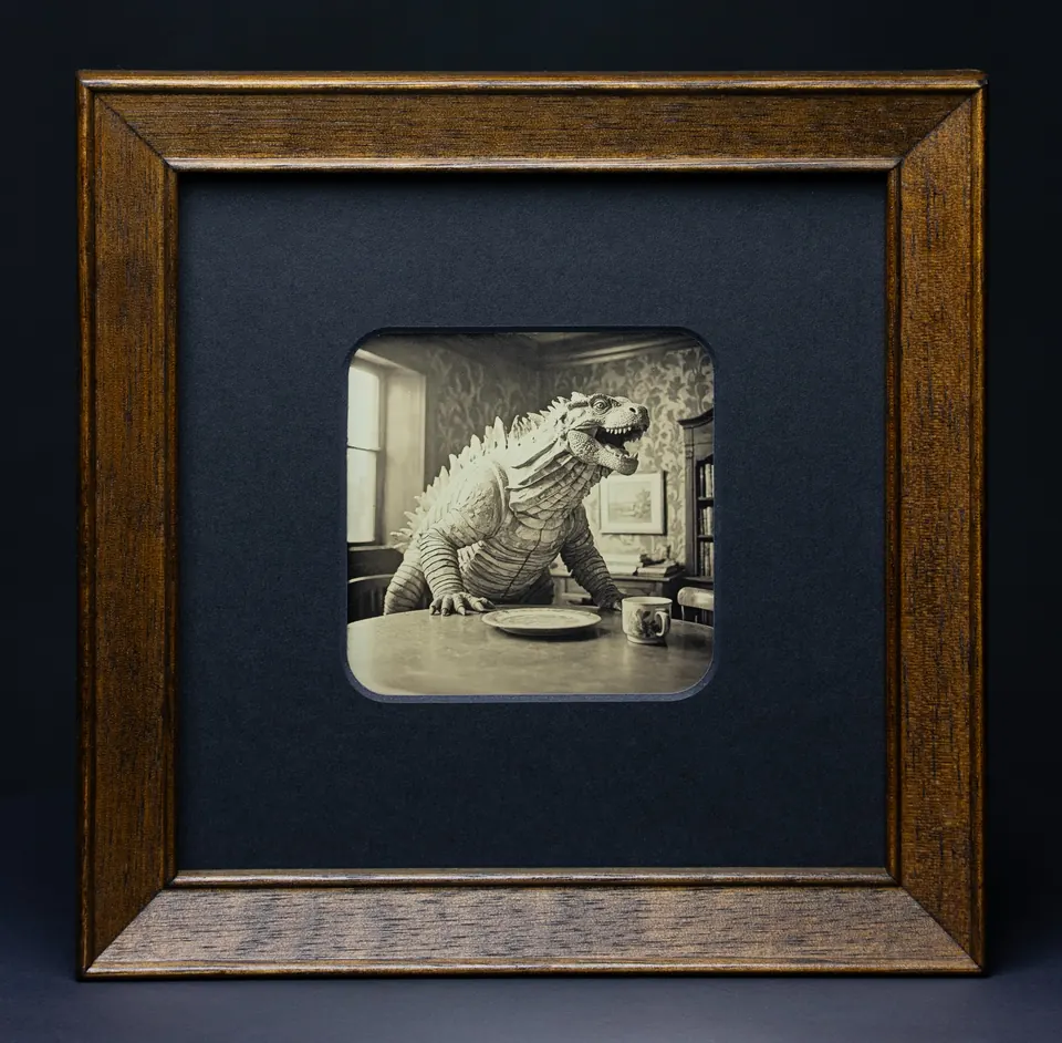 Gerahmte Daguerreotypie: Frühstück bei Godzilla.