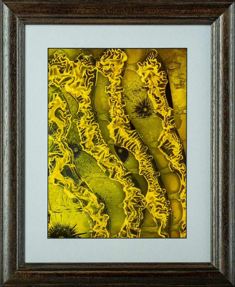 Gerahmtes abstraktes Bild mit gelben und olivfarbenen Flächen und feinen geschwungenen Linien.